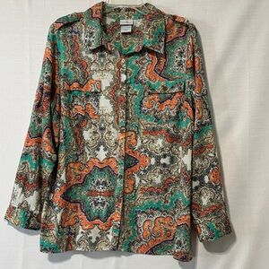 Jaclyn Smith Woman 1X Baroque Ornamental Print Long Sleeve Button Shirt‎ Paisley
